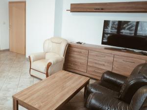 a living room with a tv and two chairs and a table at Go2Krynica - Zielony PitStop in Krynica Zdrój