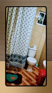 a bathroom with a toilet and a shower curtain at Cabañas Lago Llanquihue in Llanquihue +53 photos