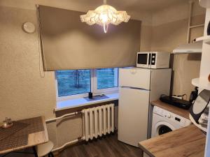 a small kitchen with a refrigerator and a window at Smile in Ventspils
