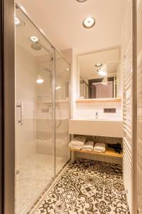 een badkamer met een douche en een glazen douchecabine bij De Sjeiven Dorpel in Maaseik