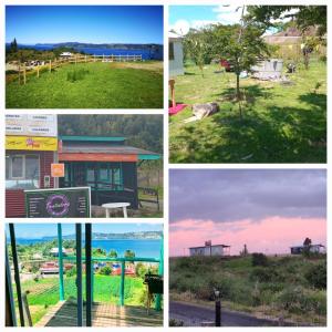 a collage of four different pictures of a park at Dalcahue cabañas Lacuesta in San Javier