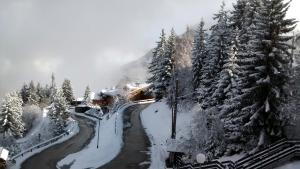 a snow covered mountain with trees and a river at Chalet Des Brigues in Courchevel