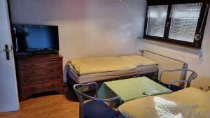 a room with two beds and a tv and a dresser at Elfi's Appartments in Leichlingen