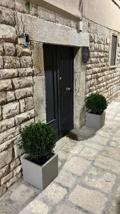 una puerta de un edificio de piedra con dos macetas en Apollonia suite, en Modugno