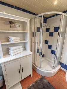 a bathroom with a shower and white shelves and towels at Das Edelweiß Apartment by ALA Living - stilvoll Urlauben mit traumhaftem Ausblick, Sonnenterrasse, 200m zur Zugspitzbahn! in Grainau