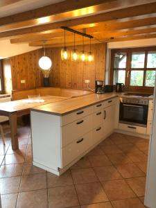 a kitchen with a counter and a table in it at Vilstal Apartments in Reisbach