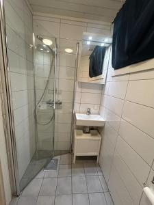 a bathroom with a shower and a sink at Leilighet med 3 soverom nær sentrum in Kristiansand