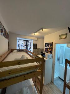 a large room with a kitchen with a bed in it at PEROLA DA MUSICA ESTUDIO in Setúbal