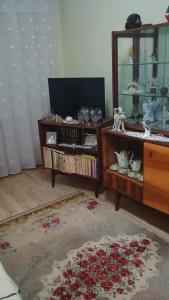 a living room with a table and a shelf with items at Apartament Alexandru, B-dul Oituz, bloc 4, apartament 26, județ Bacău in Onești