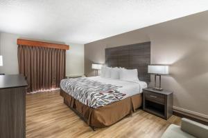 a hotel room with a bed and a window at Red Roof Inn & Suites Sulphur Springs in Sulphur Springs +66 photos