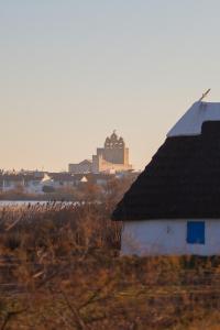 a building with a black roof in a field at Appartement "La Rose des Vents" in Saintes-Maries-de-la-Mer