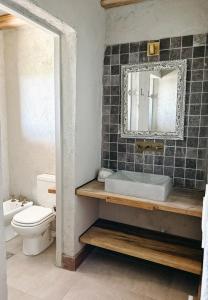 une salle de bain avec un lavabo, des toilettes et un miroir dans l'établissement Villa Atamisque V, à Tupungato