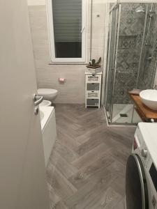 a bathroom with a shower and a toilet and a sink at Appartamento con terrazza in Gazzada