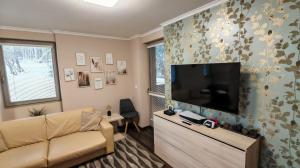 TV a/nebo společenská místnost v ubytování FREE WELLNESS & SPA MULTIMEDIA APARTMENT - SNÍDANĚ V CENĚ - ZDARMA VSTUP DO WELLNESS, VÍŘIVÉ VANY, SOLNÁ SAUNA, FINSKÁ SAUNA, PARNÍ SAUNA, MASÁŽE, PLAYSTATION 5 a HRY, SKLEP, MODERNÍ VYBAVENÍ, PARKOVÁNÍ ZDARMA, VYBAVENÍ PRO DĚTI, KLIDNÁ LOKALITA
