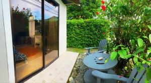 a patio with two blue chairs and a window at Anluka Estudio Yaguarundi in Puerto Jiménez