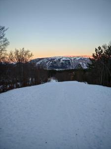 una carretera cubierta de nieve con una montaña en el fondo en Casa Piccole Marmotte, en Ovindoli