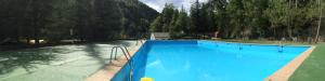 a large blue swimming pool next to a river at El Chate Tiendas in Sarvisé
