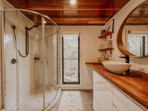 克拉肯巴克The Crest - A Tiny House with a Big View的带淋浴和水槽的浴室 更多28张照片