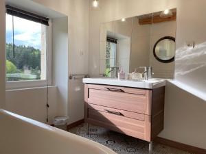 a bathroom with a sink and a tub and a mirror at Ancienne ferme rénovée avec jardin privé, poêle à bois et terrasse - FR-1-582-44 in Saint-Préjet-dʼAllier +21 photos