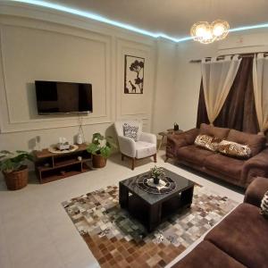 ein Wohnzimmer mit Sofa und Tisch in der Unterkunft Fabulous apartment near Gate 20 - El Rehab in Kairo