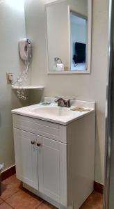uma casa de banho com um lavatório e um espelho em Snooz Inn em Wilsonville