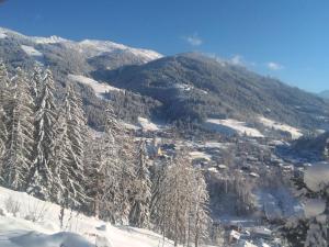 Una montaña con árboles cubiertos de nieve y un pueblo en ella. en Haus Lärchenheim, en Wagrain 7 fotos más