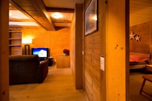 ein Wohnzimmer mit einem Sofa und einem TV in der Unterkunft MOM - Alpine Boutique Apartments, Romantica, near Grindelwald Terminal in Grindelwald