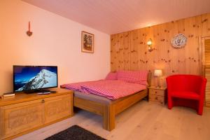 a bedroom with a bed with a television and a red chair at MOM - Alpine Boutique Apartments, Grindelwald gletscher, Eiger View Terrace Studio in Grindelwald