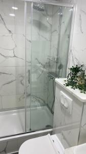 a white bathroom with a shower and a toilet at Apartment seafront Juraj in Tribunj