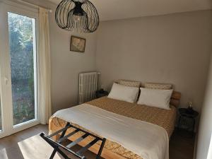una camera con letto, finestra e lampadario a braccio di Maison du gardien de Logempré a Pont-Saint-Pierre