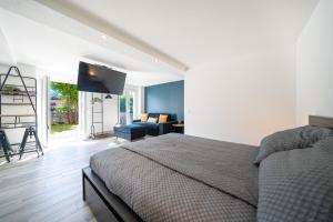a bedroom with a bed and a living room at Modern Studio with Private Jacuzzy and Garden in Muralto