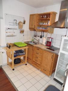 a small kitchen with wooden cabinets and a sink at Zinnowitz, Dünenstr 36 WE 18 in Zinnowitz