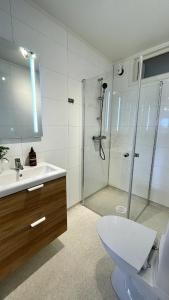 a bathroom with a shower and a toilet and a sink at Modern 1 room studio apartment with free parking - near cabelcar, sherpa stairs and the mountain in Trondalen +26 photos