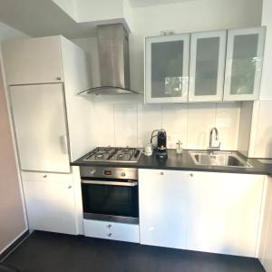 a kitchen with white cabinets and a stove and a sink at Romantisches 1 Zimmer-Apartment mit Garten an der Weser in Bremen