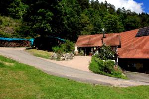 una casa con una carretera al lado de un edificio en Separates Ferienhaus Speicherhäusle auf dem Hasenhof mit eigener Terrasse mit Grill, Kachelofen, WLAN, en Hornberg