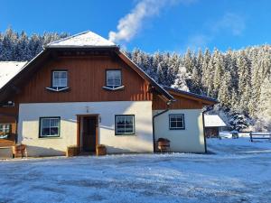 a house in the snow with trees in the background at Ferienhaus Melchartboden in Paal