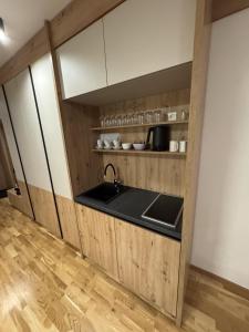 a kitchen with a sink and wooden cabinets at Apartman A55 Aparthotel Vučko privatni apartman in Jahorina