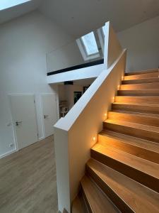 a staircase in a house with lights on it at Modern dream house with private spa and gym in Norderstedt +60 photos