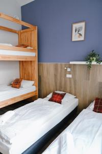 two bunk beds in a room with blue walls at Prague Dream Hostel in Prague