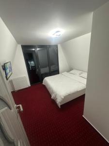 a bedroom with a white bed and a red carpet at Aframe -Melissa in Baia de Fier