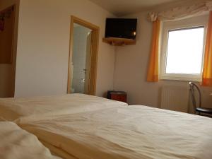 a bedroom with a bed and a window and a television at Schirmer`s Hotelino in Röhrmoos