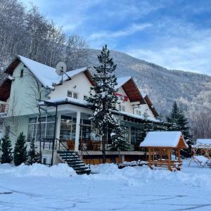 佩奇Hotel Gryka的地面上积雪的大房子