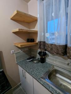 a kitchen counter with a sink and a window at Serene Furnished Apartments in Vipingo