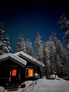 Lomanaamanka Naava-hirsimökki om vinteren