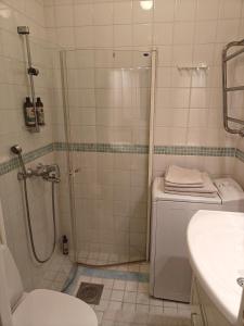 een badkamer met douche, toilet en wastafel bij Eskolampi in Helsinki +24 foto's