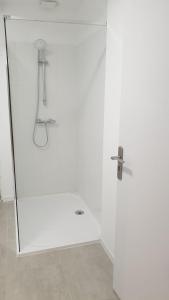 a shower with a glass door with a faucet at Dépendance type t3 in Seignosse +10 photos