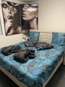 a bed with a blue comforter with glasses on it at Au petit bonheur imprévu in Douai +25 photos