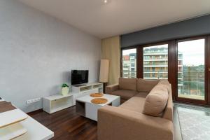 a living room with a couch and a tv at Wyspa Słodowa Serenity Studio in Wrocław