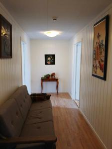 a living room with a couch and a table at Trysil sentrum leilighet in Trysil