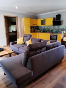 un soggiorno con divano e cucina di Ferienhaus Milchstraße mit Sternenblick a Lochow
